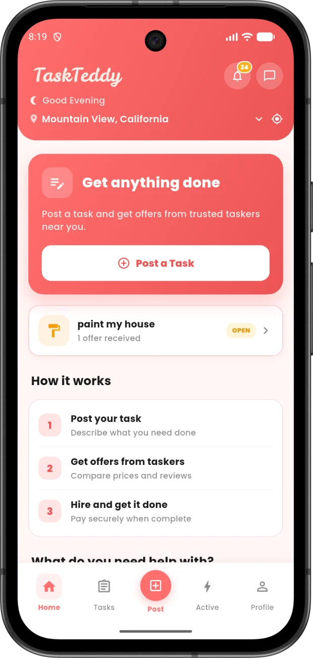 The TaskTeddy app home screen: post a task, then track offers from Taskers