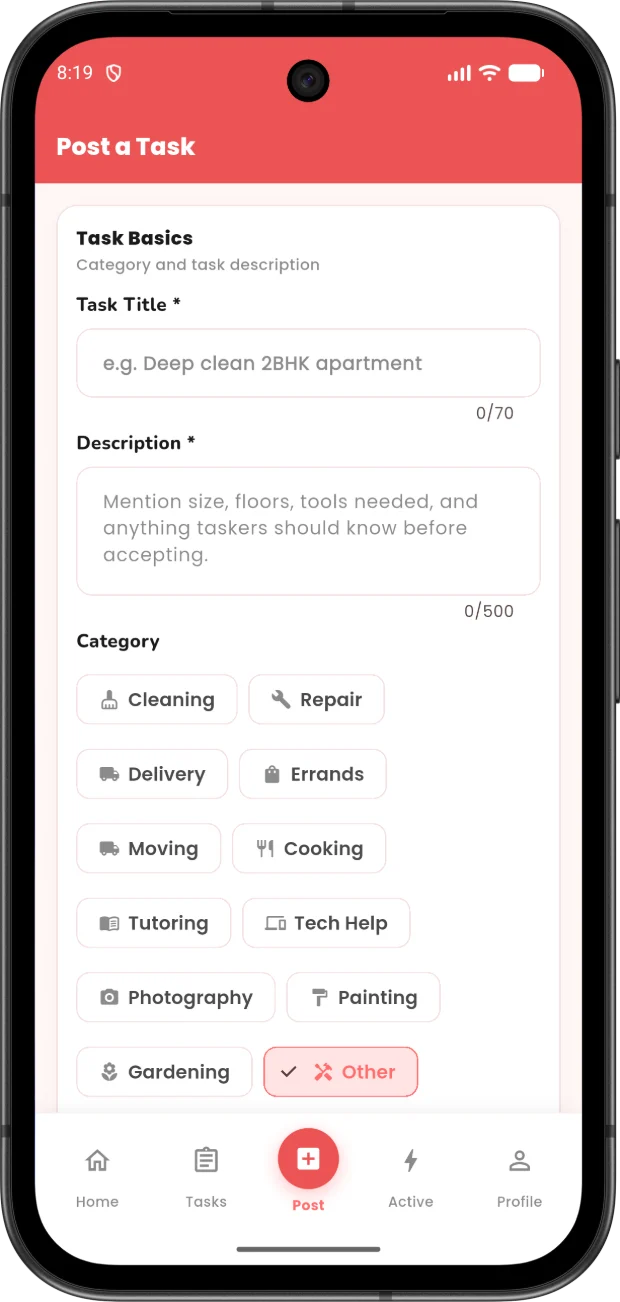 TaskTeddy Post a Task screen: a free-text title and description, and a category grid with Other selected