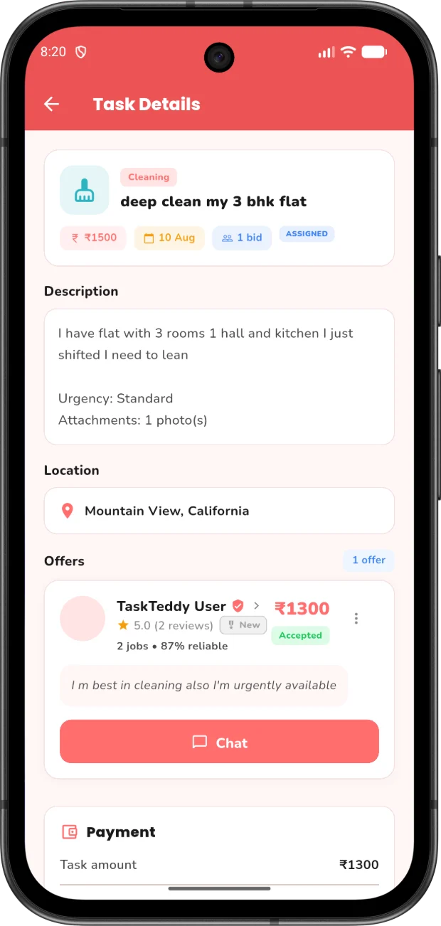 TaskTeddy task details screen after accepting an offer, showing the assigned Tasker, chat and the payment amount